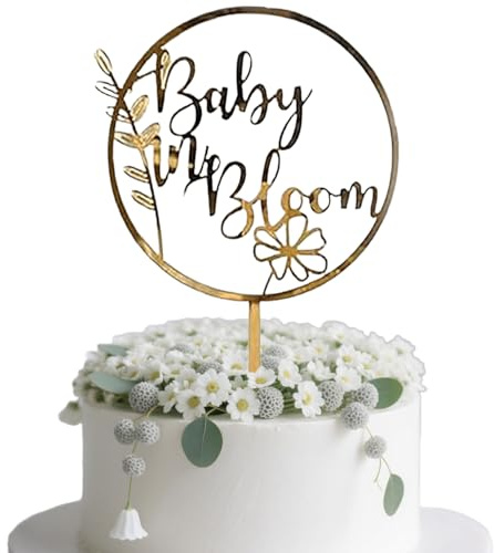 HSC Baby Shower Cake Topper - Engraved with Grass & Flower Design, Acrylic Golden Cake Decorations for Gender Reveal Parties, Baby Showers, Boys & Girls (Syle-1)