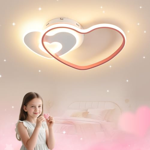LUCKINHAND LED Deckenleuchte Moderne Herz Kinderlampe Deckenlampe 28W Dimmbar Mit Fernbedienung Jungen Mädchen Deckenlicht Cartoon Kinder Deckenlicht Schlafzimmer Dekor Lamp Rosa 40CM