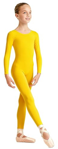 Carnavalife Bodies de Danza para Ballet, Mono de Manga Larga con Cremallera, Leotardo Body Nude para Gimnasia Deportiva Rítmica, Jumpsuit Niña Elástico Bailarina Yoga 1-12 años (Amarillo, 4-6 años)