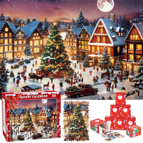 2025 navidad adviento calendario para niños y adultos rompecabezas, 24 cajas de 1008 piezas, santa puzzle, calendario de cuenta atrás, navidad juego regalo decoración de pared