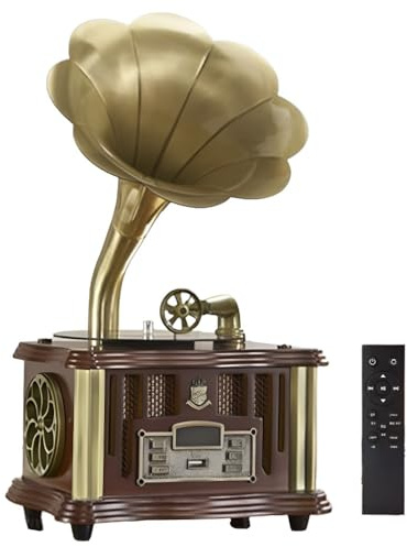 Vintage Gramophone Bluetooth Speaker, Rechargeable via Type C, Wireless with Bluetooth 5.0 and FM Radio, Perfect for Home Decor and Music Lovers