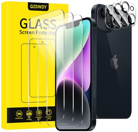 QZGWDY 3 Pezzi per iPhone 14 Pellicola Vetro Temperato con 3 Pezzi Pellicola Fotocamera, Vetrino Protezione Schermo Protettivo Film HD 9H Screen Protector, Senza Bolle, Anti Graffio