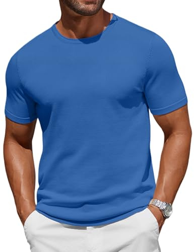 COOFANDY Men's T-Shirts Short Sleeve Knitted T Shirt Men Crew Neck Casual Tops Denim Blue XL