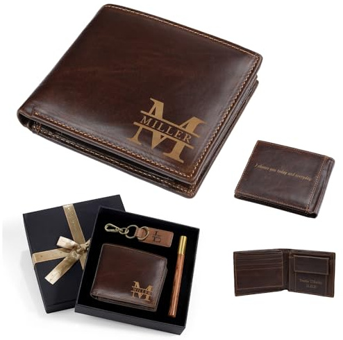 Grovjewfit Personalisiertes Herren Geldbörsen Geschenkset - Geldbörse aus PU-Leder mit Foto Initialen Namen Schlüsselanhänger und Geschenkbox – Geschenk für Papa Opa Ehemann Freund (Style 3)