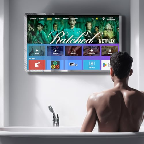 Leotachi 32inch High-end Smart Bathroom Mirror TV - 4K Ultra HD, IP66 Waterproof, Android TV, Voice Remote Control, Built-in DVB-T/T2/C/S/S2 Tuner, HDMI (ARC), SPDIF, Upgrade Your Bathroom (Black)