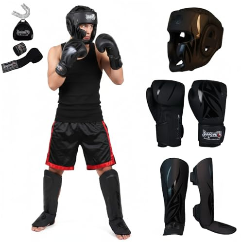 Dragon Do Mamba Elite Box-Set 5-teilig Profi-Boxhandschuhe, Schienbeinschoner, Full-Face Kopfschutz inkl. Bandagen, Zahnschutz Premium Equipment für MMA, Muay Thai, Kickboxen