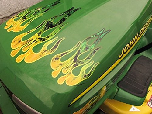 Flame Decals - Yellow & Green True Fire - for Riding Lawn Mower Tractor - 5pc. Set for John Deere Ride on mowers Garden Tractor