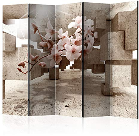 decomonkey Paravent Raumteiler Innen Blumen 225x172 cm 5 Teilig Einseitig Room Divider Wall Raumteiler Stehend Trennwand Sichtschutz Spanische Wand Sichtschutzwand Wohnzimmer Holz Beton