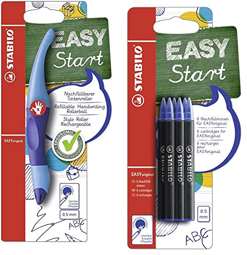 STABILO - Stifte-Set - Ergonomischer Tintenroller für Rechtshänder - EASYoriginal in dunkel-/hellblau - blau (löschbar) - inkl. Patrone & Tintenpatronen - EASYoriginal Refill - medium - 6er Pack