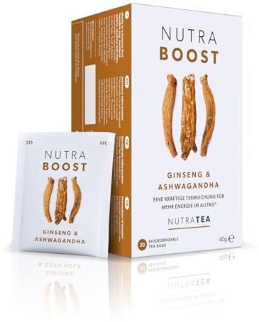 Nutra Tea NUTRABOOST, Ashwagandha Tee hilft körperliche und emotionale Ausdauer zu optimieren, wirkt Stressresistent und fördert Konzentration, 20 wiederverwendbare Teebeutel, Stressfrei Tee