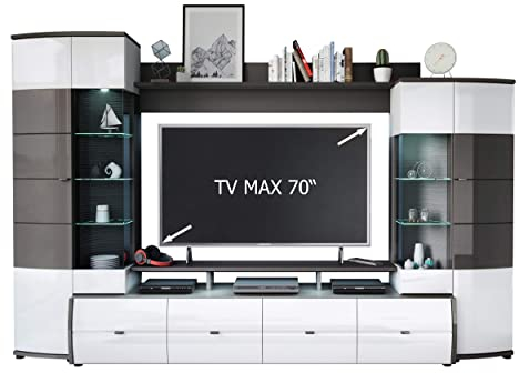 Homeface TRENDINA VA Wohnkombination 4-Teilig - Modern - Front:MDF Hochglanz - Farbe:Weiss/Grau - TV Wand - B/H/T:302,2 x 193,3 x 53,2