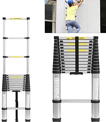 Escalera telescópica de 12,5 pies con un solo botón de extracción de aluminio, escalera extensible lenta y portátil, fácil de transportar para el hogar, trabajos de bricolaje diarios