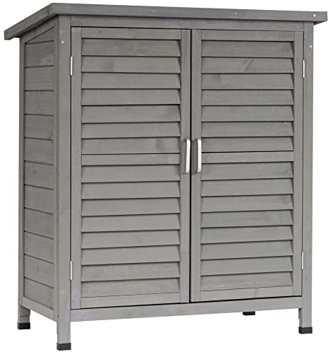 Outsunny Cobertizo de Almacenamiento de Madera para Jardín con 2 Estantes Interiores 2 Puertas y Techo Inclinado para Exterior Terreza 87x46,5x96,5 cm Gris