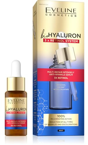 Eveline Cosmetics Biohyaluron 3x Retinol System Multi Repairing Face Serum Anti Aging Reduces Wrinkles Vegan Formula 97% Natural Composition for Night 18ml