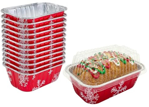 PACTOGO Disposable 1 lb. Red Holiday Christmas Aluminum Foil Small Mini Loaf/Bread Baking Pans with Clear Dome Lids (Pack of 12 Sets), 80018-WDL12