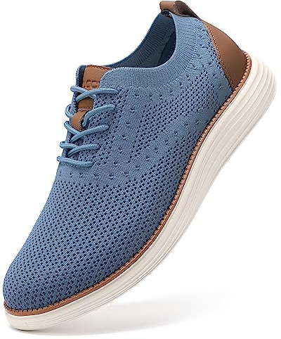 VILOCY Men's Casual Dress Sneakers Oxfords Business Shoes Lace Up Lightweight Comfortable Breathable Walking Knit Mesh Fashion Sneakers Tennis Light Blue,EU45