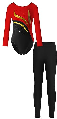 iEFiEL Mädchen Turnanzug Glitzer Gymnastik Leotard Langarm Akrobatik Anzug Tanzkostüme Turnbody Jumpsuit mit Sport Leggings Zc Rot schwarz 134-140