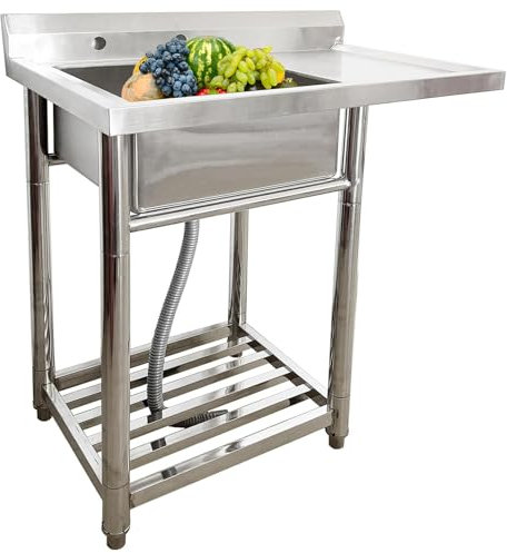 Fregadero de Restaurante Comercial, Fregadero de Cocina de Restaurante de Acero Inoxidable con Drenaje y Protector contra Salpicaduras, Fregadero de Catering de un Solo tazón con Estante