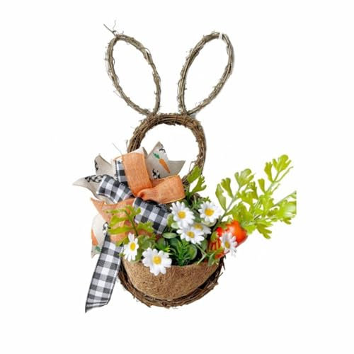 Osterkranz mit Hase Osterhase Kranz Osterdeko Ostern-Kaninchenohr-Hängekorb mit Karotten-Gänseblümchen-Karierten Schleifendekorationspflanzen Willkommens Kranz Deko zum Aufhängen (Orange, One Size)
