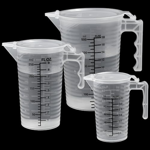 YAANBUNB 3 Pcs Plastic Measuring Jugs, 100ml 250ml 500ml Measuring Cups Clear Liquid Graduated Beaker Heat Resistant Small Measuring Jug Rice Measuring with Handle and Lid for Baking Kitchen Cooking