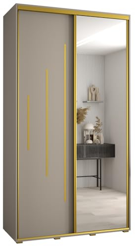 MEBLE KRYSPOL Dakota 13 Schrank mit Zwei Schiebetüren - Moderner Kleiderschrank mit Spiegel, Kleiderstange und Regalen - 235,2x140x45cm - Kaschmir Gold