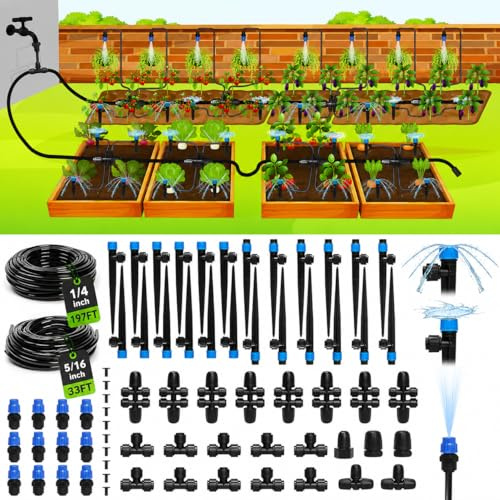 Bonviee Tropfbewässerungssystem mit Schnellanschluss, automatisches Tropfbewässerungs-Set für Garten, Hochbeet, Gewächshaus, ein komplettes Bewässerungssystem mit 1/4-Zoll-Rohr, Tropfstrahlern,