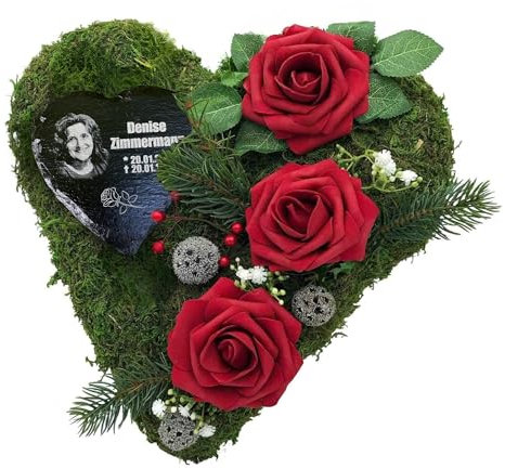 Grabgesteck Grab Gesteck Grabschmuck Grabaufleger Moosherz mit Schieferherz und personalisierter Gravur (Rosen ROT)
