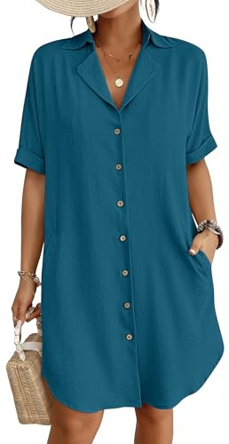 Bsubseach Women Short Sleeve Button Down Beach Shirt Cover Up Sea Blue L