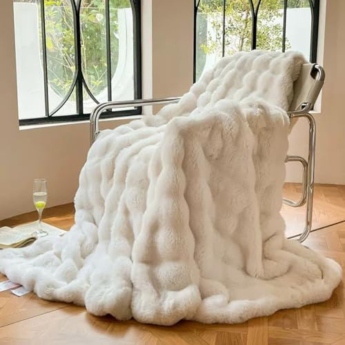 DREAMLANDING Manta Decorativa de Piel Sintética de Conejo de Lujo Felpa Sherpa Reversible Difusa Cálida Acogedora Esponjosa de Piel para Cama Sofá Sillón Decoración del Hogar (Crema, 100 x 150 cm)