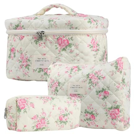 3 Stück Kosmetiktasche Damen Make Up Tasche, Gesteppte Kulturtasche Schminktasche Cosmetic Bag Mit Blumenmuster, Sehr Praktisch, Wasserdicht Und Schmutzabweisend, Tragbares Handheld