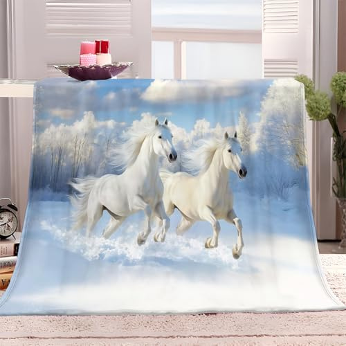 Kuscheldecke Tiere Weißes Pferd Schnee 150x200 cm Flauschig FleeceDecke, Sofadecke Warm Winter Weich Wohndecke, Sherpa Wolldecke, Lebensdecke, Geeignet für alle Jahreszeiten