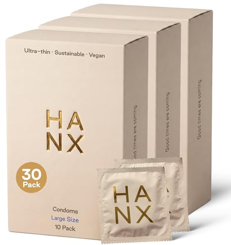 HANX Ultra-Thin Condoms 30 Pack, Large | Natural Feel | Sensitive Skin Friendly | Natural Latex | Vegan | Gynaecology Doctor Approved I Strong Flexible Comfort & Protection | Silicone Lubricant