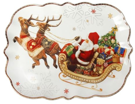 BRANDANI Piatto Portata Rettangolare Natale Christmas 89923 Porcellana Bianco Rosso babbo natale Slitta 33x25cm