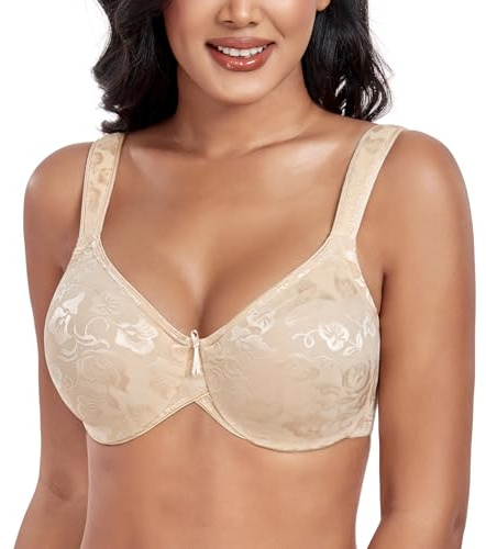 DotVol Mujer Sujetador Básico de Jacquard con Aros cómodo Tirantes Anchas para Tallas Grandes Reductor Espalda en U Beige,100D