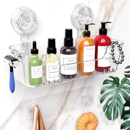 Oamwrae Etagere Douche sans Percage avec Ventouse, Etagere Salle de Bain Adhésive avec Porte-rasoir et Crochets, Rangement et Organisation de la Salle de Bain, Amovible, 2 Options d'Installation