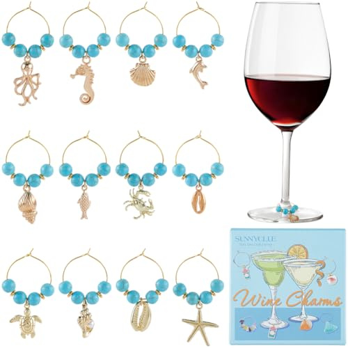 SUNNYCLUE 1 Box 12Pcs 12 Styles Ocean Wine Glass Charms Gold Wine Charm Rings Metal Alloy Blue Beads Summer Sea Beach Hawaii Identifier Drinks Tags for Stem Glasses Tasting Parties Decor Supplies