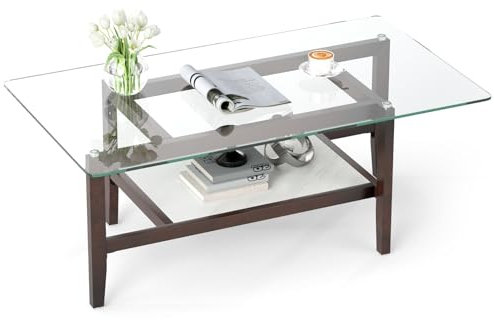 GIANTEX Couchtisch aus Glas, moderner rechteckiger Wohnzimmertisch, Kaffeetisch Teetisch 2 Ebenen, Sofatisch Langer Beistelltisch mit massiv Holzbeinen, Glastisch für Wohnzimmer Büro (107x60x42 cm)