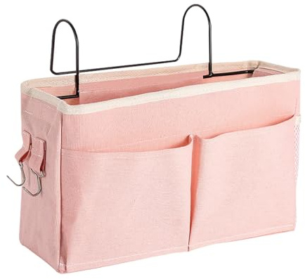 CHUNLINLAODA Canvas Bedside Hanging Storage Pockets Dorm Bed Organizer with Hooks Mulit-purpose Hanging Storage Bag for Home Office School Bunk Bed Dorm Hospital (pink)