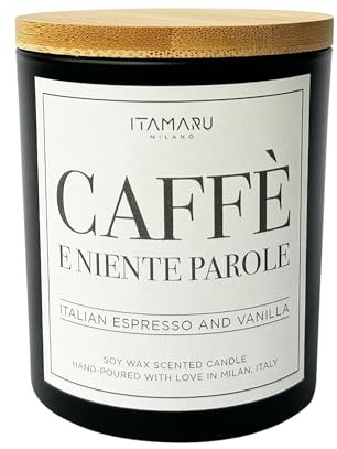 ITAMARU – Candela Profumata Artiginale Caffè e Niente Parole, in Cera di Soia 100%, con Stoppino in Legno, Vetro Nero e Coperchio in Bambù, 220g – Handmade in Italia | Regalo Donna | Regalo Uomo