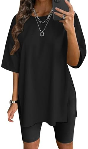 Women's Oversized T-Shirt Side Split Tees Yoga Tops Plus Size T Shirts Loose Fit Crew Neck Casual Workout Black M