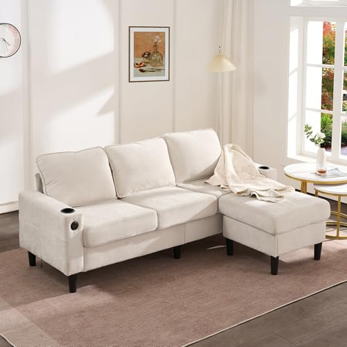 KAZZIO Gepolstertes Sofa und Couch mit USB- und Typ-C-Anschlüssen, 3-Sitzer-Sofa mit Zwei Getränkehaltern für Wohnzimmer, Wohnung, Lounge und Schlafzimmer – L-förmiges Schlafsofa, Leinen (Beige)