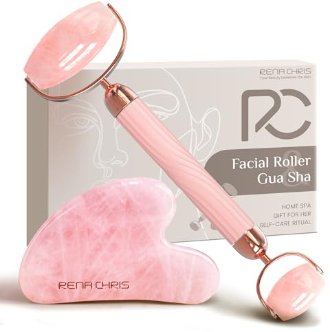 Rena Chris Gua Sha and Face Roller Set: Anti-Breakage Jade Roller for Long-Lasting Use, Jawline Sculpting and Puffiness Reducing, Gua Sha Facial Tools for Self Care Gift (Rose)