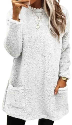 Sudaderas sin Capucha Mujer Jersey de Forro Polar Suelto Sólido Manga Larga | Sudaderas Suéter con Bolsillos Sudadera Mujer Oversize Manga Larga Otoño Casual Cuello Crew Sin Capucha