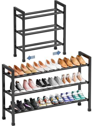 Mavivegue 19“- 43” Adjustable Shoe Rack, 3 Adjustable Length, 3 Tier Expandable Shoe Rack for Closet, Entryway, Shoe Shelf, Black