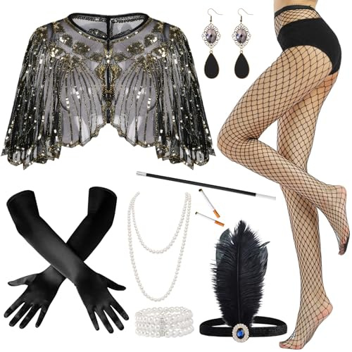 Rbleote 20er Jahre Kostüm Damen, 1920er Jahre Kostüm, Great Gatsby Accessoires Set, Inklusive 9 Accessoires Wie Schal, Handschuhe, Ohrringe, Halskette Etc. – Perfekt für Halloween und Karneval