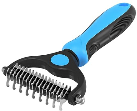 Dematting Comb for Dog and Cat, Double Sided Deshedding Tool Undercoat Rake Pet Grooming Brush Safe and Effective Removing Knots Tangles and Flying Hair for Small Medium & Large Dogs