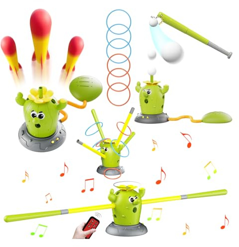 Cactus 4-in-1 Musical Jumping Toys Set with Ring Toss, Stomping Rocket Launcher and Baseball Game, Fun Indoor and Outdoor Toys for Active Play Sports Toy for Kids Ages 3 4 5 6 7 8+ Boys & Girls.