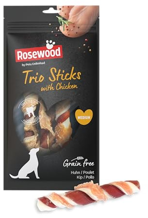 Rosewood Trio Sticks Huhn Medium – Feste Kaustangen mit Huhn, Kausnack aus Rinderhaut für Hunde, unterstützt die Zahnpflege, ohne Getreide und Gluten, ohne künstliche Zusatzstoffe (6x90 g)