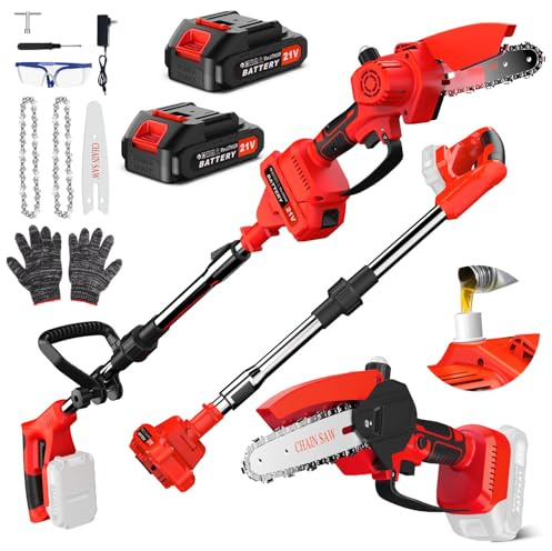 2-In-1 Akku-Hochentaster & Akku-Kettensägen-Set, Mini-Kettensäge kabellos 8 Zoll mit 2 wiederaufladbaren Akkus, 153 cm Verlängerungsstange, 650 W Reinkupfermotor, 0-90° Einstellwinkel, Elektrische Ast