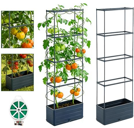 Tatqilo 2 Pack Raised Garden Bed Planter Box with Trellis, 55in Tomato Planter with Self Watering, Tomato Cage Raised Planter with Trellis for Climbing Vegetables Plants, Indoor Outdoor Use